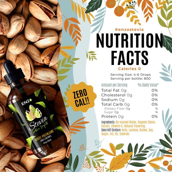 Pistachio Liquid Stevia Drops (4oz) Bottle Our Zero Calories Sweetener (800 Servings) All Natural Pistachio flavoring with No Artificial Additives & Filler Ingredient - Image 2
