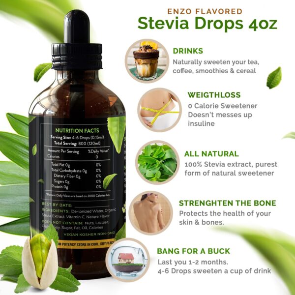 Pistachio Liquid Stevia Drops (4oz) Bottle Our Zero Calories Sweetener (800 Servings) All Natural Pistachio flavoring with No Artificial Additives & Filler Ingredient - Image 5