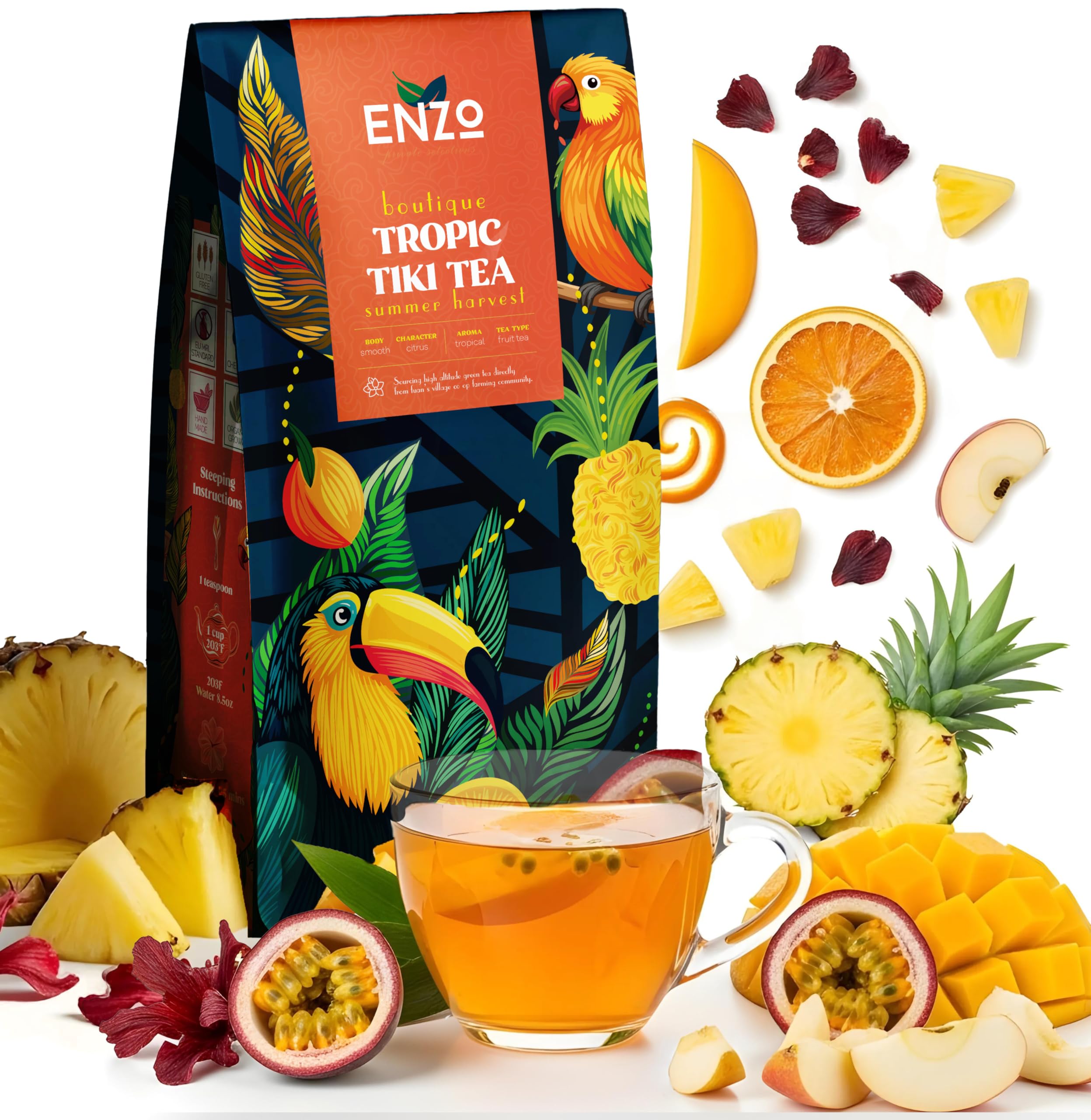 ENZO Tea Master Reserve - Tropical Tiki Tea (4oz) 7-Tropical-Fruit Blend for Afternoon Energy | Loose Leaf with Dried Mango Passion Fruit Pieces & Natural Fruit Essences