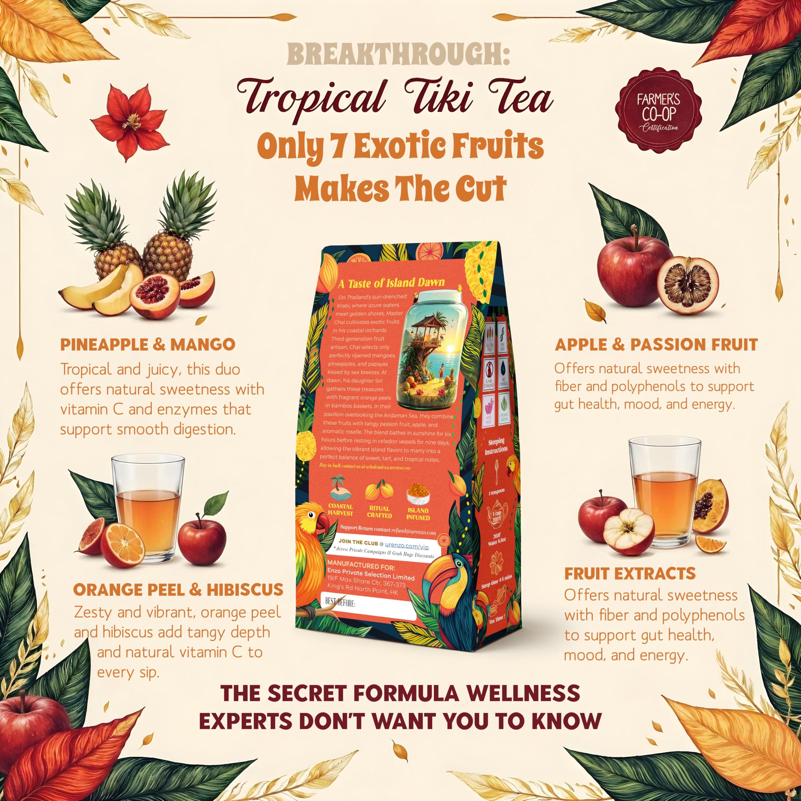 ENZO Tea Master Reserve - Tropical Tiki Tea (4oz) 7-Tropical-Fruit Blend for Afternoon Energy | Loose Leaf with Dried Mango Passion Fruit Pieces & Natural Fruit Essences - Image 3
